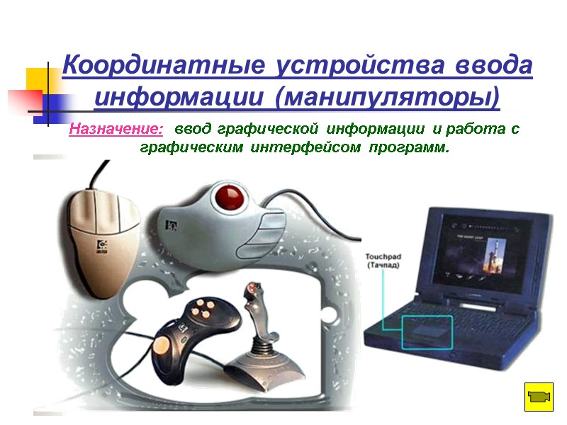 Координатные устройства ввода информации (манипуляторы) Назначение:  ввод графической информации и работа с графическим